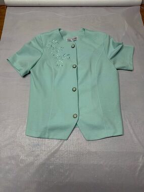 Mint Short-Sleeve Button-Front Top with Embroidered Detail